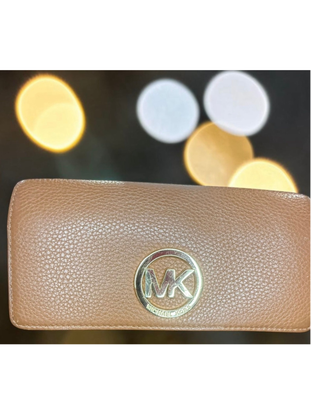 Michael Kors Tan Pebbled Leather Flap Wallet Gold Logo